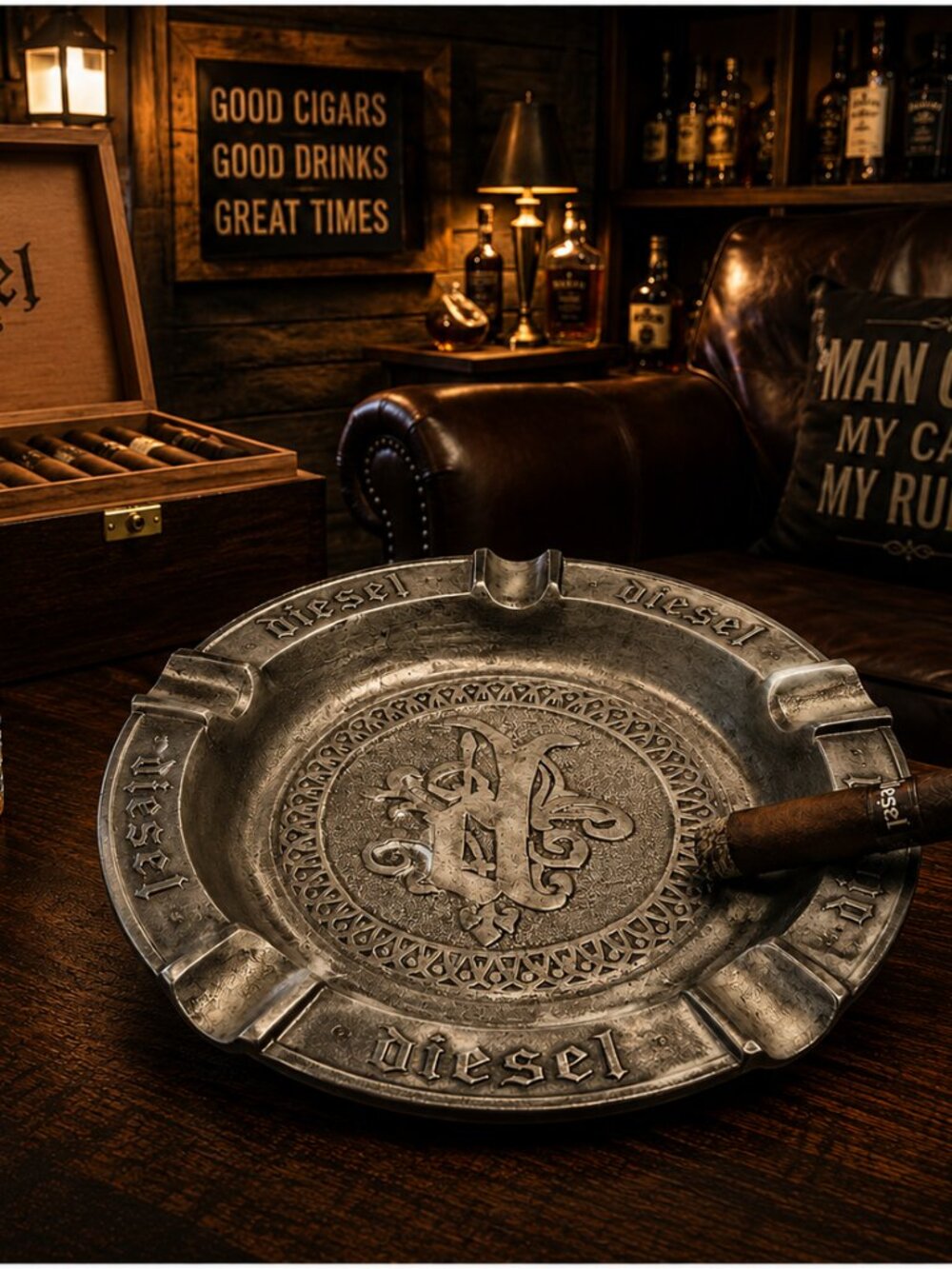 Early Diesel Cigars Cast Pewter 6 Rest Cigar Ashtray 8.5" Heavy Early Logo